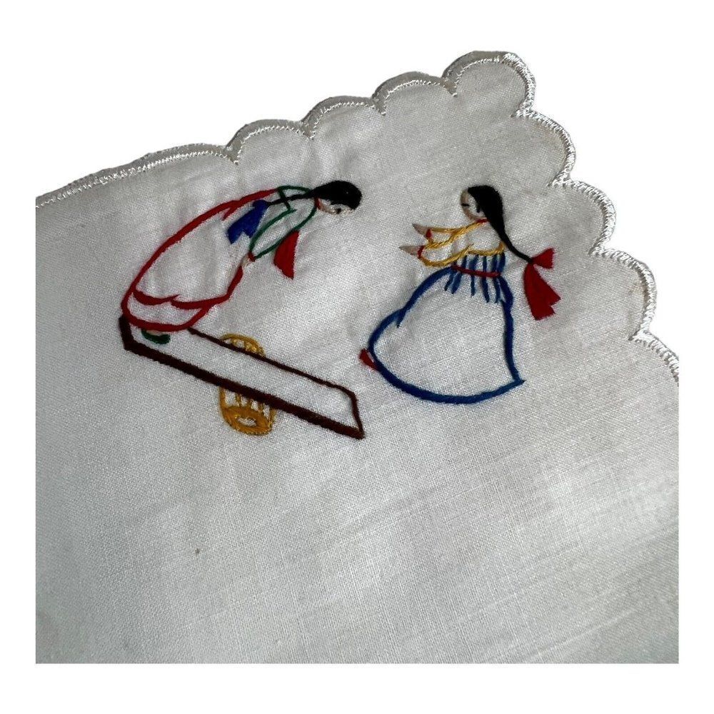 Vintage Cottage Industry Program Embroidered In Korea Handkerchief Teeter Totter